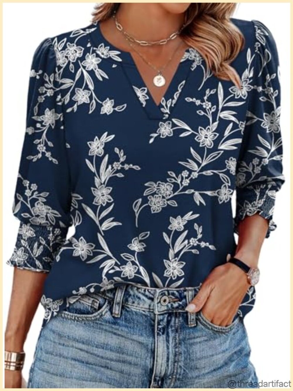 Womens 3/4 Sleeve Blouse V Neck Smocked Cuff Top Dressy Casual